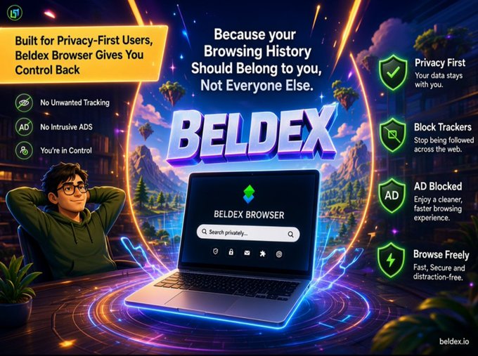 Advertisement for Beldex Browser (beldex.io), highlighting privacy features like 'No Unwanted Tracking,' 'No Intrusive ADS,' 'Block Trackers,' and 'AD Blocked' against a colorful cosmic background.