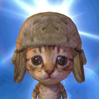 A 3D-rendered orange tabby kitten with large eyes wearing a furry ushanka-style hat with ear flaps, standing against a blue sky background.