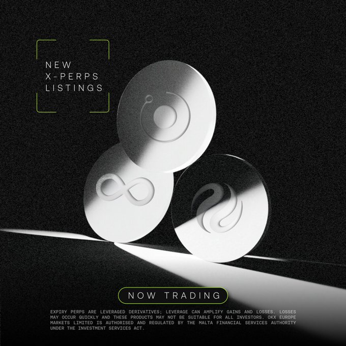 A sleek, monochromatic promotional graphic announces "NEW X-PERPS LISTINGS" with three metallic discs displaying the logos for Render, Infinity (DFinity), and the Injective flame symbol, paired with a "NOW TRADING" button to mark the launch of $RENDER, $ICP, and $INJ perpetual futures contracts offering up to 10× leverage.