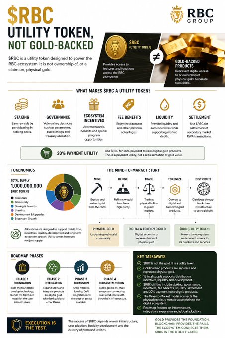 An infographic from RBC Group explains that the $RBC utility token has a total supply of 1,000,000,000 tokens and powers the ecosystem—including features like staking, governance, fee benefits, liquidity, and settlement—but is distinct from gold-backed products that represent physical gold. The visual supports the post's emphasis that while RBC's ecosystem is built around the gold value chain, the $RBC token itself is not gold-backed.