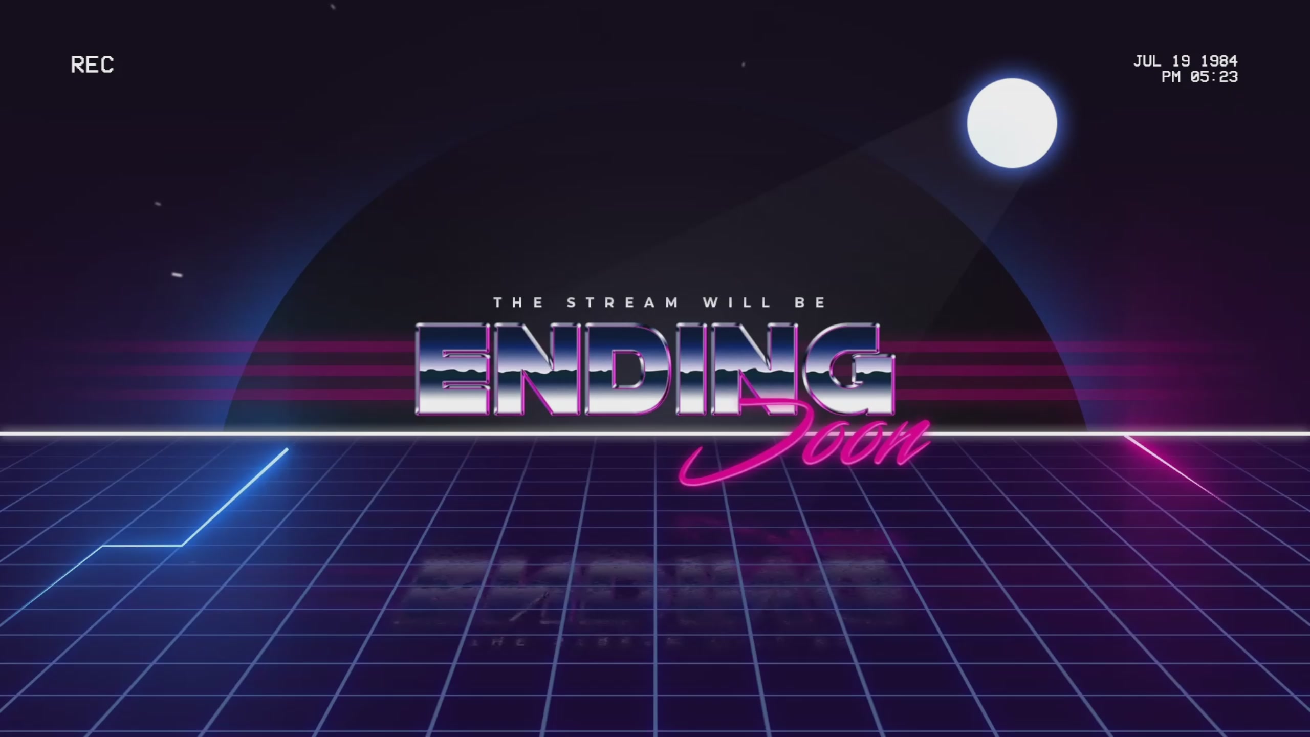 The image features a neon-colored grid with the words "ENDING GO!" written above it, along with a large white circle with a blue moon inside of it. The background shows a dark purple sky with stars scattered throughout. The text "bitcoin live trading" is also present in the image.
