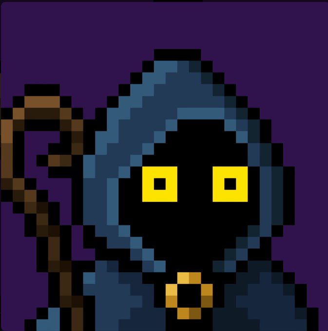 A pixel-art reaper character with glowing yellow eyes, a hooded dark cloak, and a scythe stands against a purple background, symbolizing the "Chain Mancer" NFT project referenced in the post. The grim image visually represents the dark, mystical theme of the collection while complementing the post's discussion of NFT holdings, token earnings, and projected floor price growth.