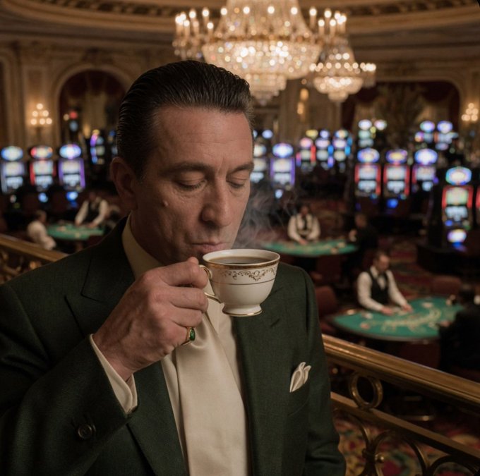 A man in a dark green suit with slicked-back hair sips from an ornate teacup in an opulent casino setting filled with slot machines and chandeliers.
