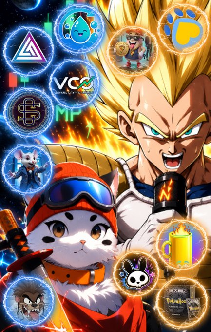 A vibrant crypto-themed collage featuring a Super Saiyan Goku, a white cat in ninja gear, and various cryptocurrency logos including VCC, MP, and other token symbols surrounded by glowing runes.