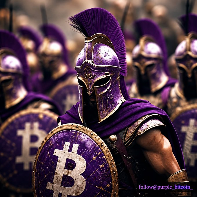 A digital artwork depicts a Roman-style warrior in purple and gold armor wearing a plumed helmet, holding a shield emblazoned with the Bitcoin logo, with the handle '@purple_bitcoin' visible.
