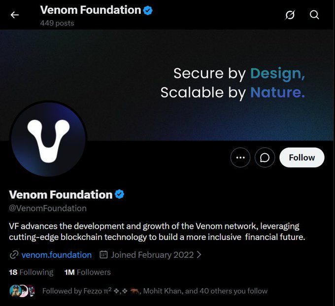 The image shows the verified Twitter/X profile of the **Venom Foundation (@VenomFoundation)** with 1M followers and 449 posts, featuring their tagline "Secure by Design, Scalable by Nature." The profile highlights VF's mission to advance the Venom blockchain network—aligning with the post's mention of the project's strong early funding through its $1B raise.