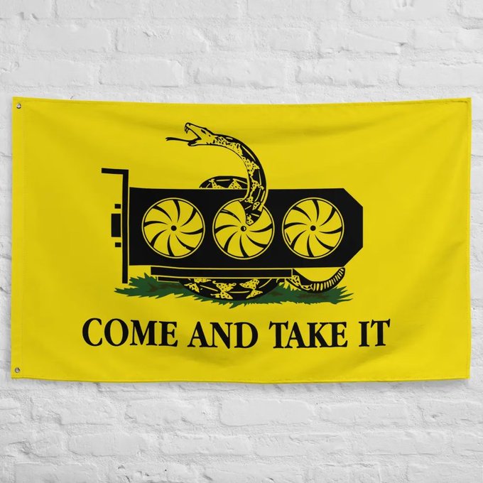 A yellow flag hanging on a white brick wall features a black rattlesnake coiled around a graphics card with three cooling fans, accompanied by the bold text "COME AND TAKE IT" below. The image cleverly pairs the defiant historical "Come and Take It" slogan with crypto/tech imagery to represent the Bittensor network's $TAO token, suggesting the community's resolve to defend and hold their digital asset (ticker 106) against any attempts to take it.
