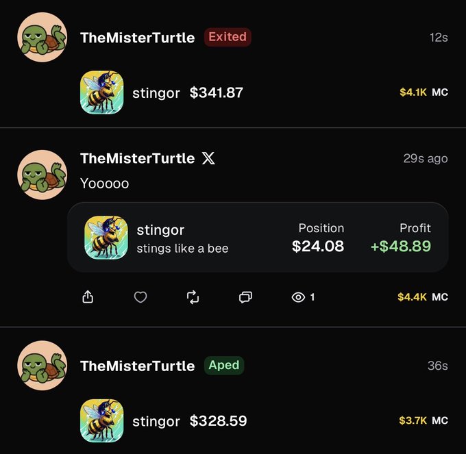 The image shows a social feed for "TheMisterTurtle" displaying real-time trading activity for "stingor," including an exited position at $341.87 ($4.1K MC), an earlier position at $24.08 with +$48.89 profit ($4.4K MC), and a newly opened position at $328.59 ($3.7K MC). This illustrates the post's point about KOLs farming copytraders, as TheMisterTurtle rapidly entered and exited the same token "stingor" at vastly different price points within seconds.