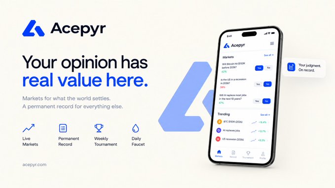An advertisement for the Acepyr app with the tagline 'Your opinion has real value here,' showing a smartphone displaying prediction markets for crypto events including Bitcoin price before 2030.