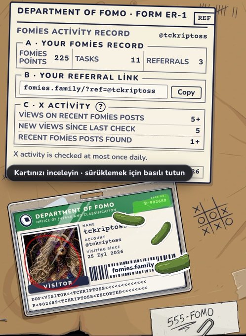 An illustration depicts an official document titled "DEPARTMENT OF FOMO - FORM ER-1" showing a FOMIES ACTIVITY RECORD for user @tckriptoss with 225 points and 11 tasks, including an ID card labeled "visitor"; Turkish text instructs to hold the card to increase it.