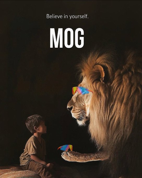 An inspirational poster featuring a young boy sitting in a dark room facing a large lion wearing rainbow sunglasses, with the text 'Believe in yourself. MOG'.