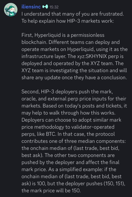 A Discord post from iliensinc explaining how HIP-3 markets work on the Hyperliquid permissionless blockchain, describing how the xyz:SKHYNIX perp market is deployed by the XYZ team and how deployers can push mark and external perp price inputs.