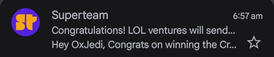 A notification from Superteam at 6:57 am congratulating user "0xJedi" on winning a bounty, with the previews reading "Congratulations! LOL ventures will send..." and "Hey 0xJedi, Congrats on winning the Cr..." — supporting the post celebrating their 33rd bounty and 13th first-place win on @SuperteamEarn.