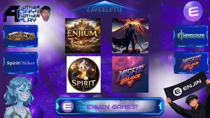 A vibrant purple graphic promoting 'ENJIN GAMES!', showcasing game titles like 'ENJIUM', 'Spirit Clicker', 'Misfit Reloaded', and 'Etherscape', with logos for 'Lancelotte' and 'Another Day Another Play' visible.