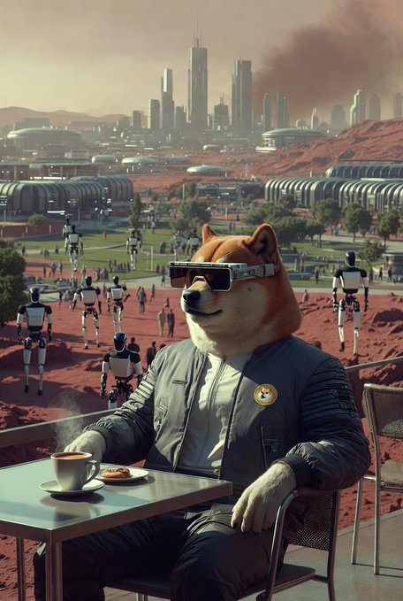 The image features a man dressed as a dog sitting at a table with a cup of coffee and a plate of food. The background shows a cityscape with buildings and people walking around, creating an urban setting for this whimsical scene. The caption includes the words "Good morning," "DOGE fam!" and "Legends!", which suggests that the image is related to a Dogecoin-themed post or event.