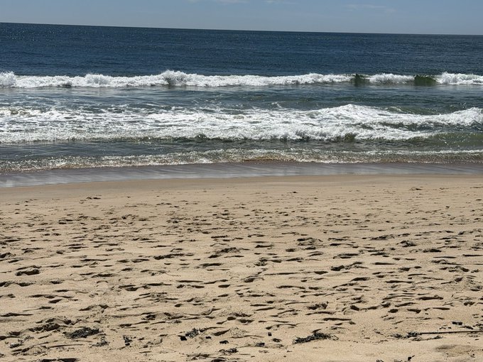 A serene beach scene with tan sand in the foreground and gentle white-capped waves rolling onto the shore under a clear blue sky.