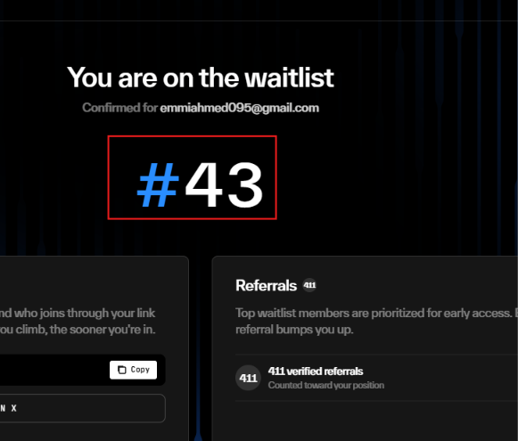 A dark-themed waitlist confirmation screen for DeepBook Vault early access shows user emniahmed095@gmail.com ranked #43, with a referrals section indicating 411 verified referrals help move users higher on the list for earlier access.