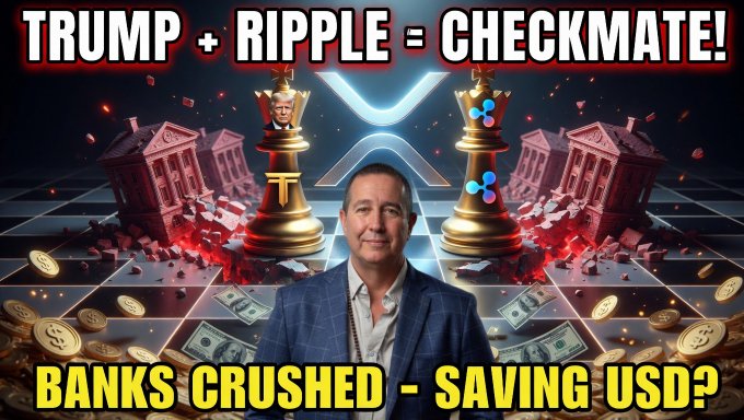 The image features a man standing next to two chess pieces, one of which has a crown on top. The background includes a red and black checkered pattern with buildings behind him. Below this scene, there are three lines of text that read "Trump + Ripple = CHECKMATE! Ripples Crushed - Saving USD?".