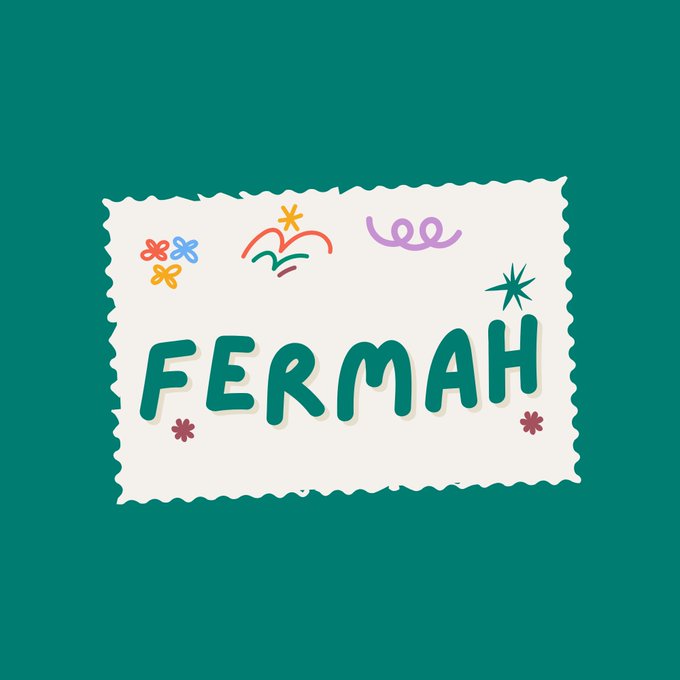 A teal-background graphic featuring a cream-colored torn-paper shape with the word 'FERMAH' in bold green letters, decorated with colorful doodles of stars, flowers, and squiggles.
