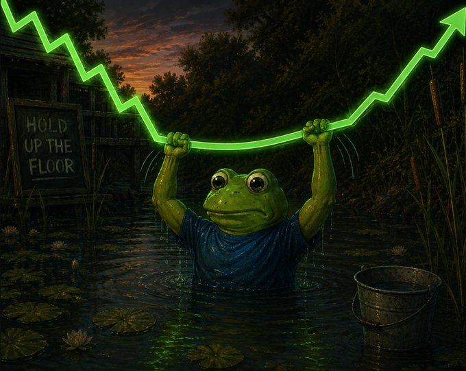 A muscular frog emerges from a swamp holding up a glowing green upward-trending chart line, with a sign reading "HOLD UP THE FLOOR" in the background—visually reinforcing the "$FROGE" bullish momentum referenced in the post.