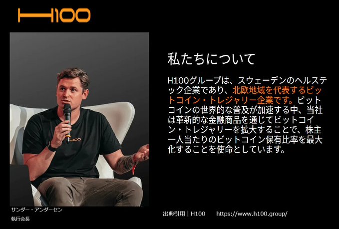 A man identified as Sander Andersson, Executive Chairman of H100, speaks into a microphone while wearing a H100 branded t-shirt. The accompanying Japanese text introduces H100 Group as a Swedish healthtech company and Bitcoin treasury firm whose mission is to maximize the Bitcoin-to-share ratio for shareholders. This aligns with the post highlighting H100's strategic positioning as a Bitcoin treasury company that could gain strategic superiority by accumulating BTC, with Sander Andersson among its notable supporters.
