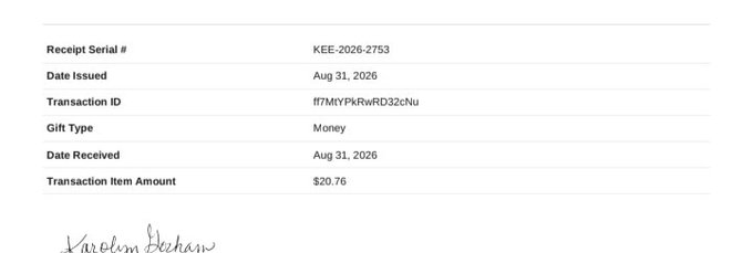 The image shows a donation receipt for $20.76 issued on Aug 31, 2026 (Receipt Serial #KEE-2026-2753), supporting the post's claim that $PuvLuv donated 25% of its creator fees to animal shelters.