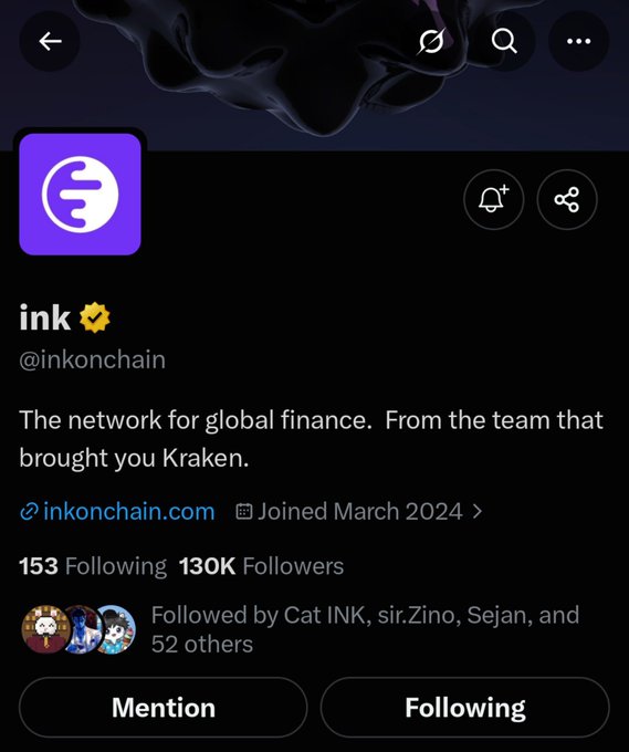 A Twitter/X profile page for 'ink' (@inkonchain) described as 'The network for global finance. From the team that brought you Kraken,' with 130K followers, joined March 2024.