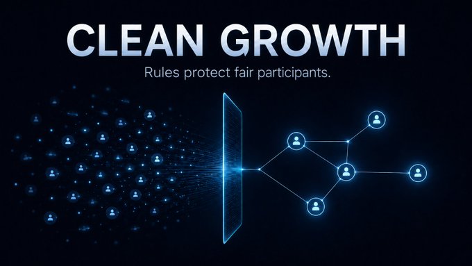 A digital graphic with the headline 'CLEAN GROWTH - Rules protect fair participants,' showing a visual of multiple user icons on the left being filtered through a barrier to a smaller group of connected users on the right.