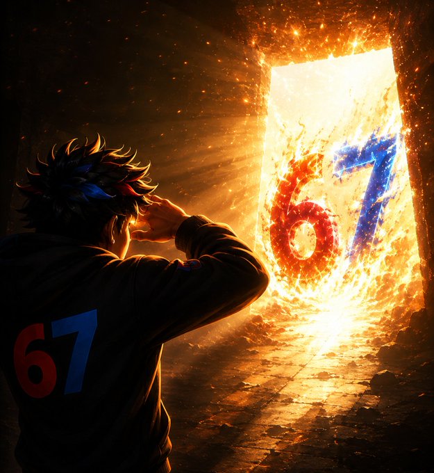 A dramatic anime-style digital artwork of a dark-haired figure wearing a "67" jacket, facing a glowing portal emblazoned with the numbers "67" in red and blue with flames and sparks.