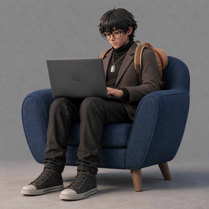 A 3D-rendered illustration of a young man with dark hair and glasses sitting in a navy blue armchair, wearing a dark blazer, black turtleneck, and black pants, while working on a laptop with a backpack beside him.