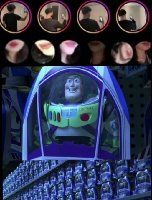 A meme image featuring Buzz Lightyear from Toy Story surrounded by rows of Buzz figures, with TikTok-style circular frames at the top showing people in different poses.