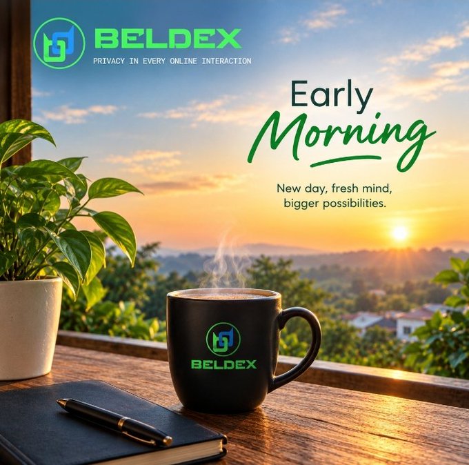 A promotional graphic for BELDEX with the tagline 'PRIVACY IN EVERY ONLINE INTERACTION' and 'Early Morning - New day, fresh mind, bigger possibilities,' showing a coffee mug with the Beldex logo on a wooden table at sunrise.