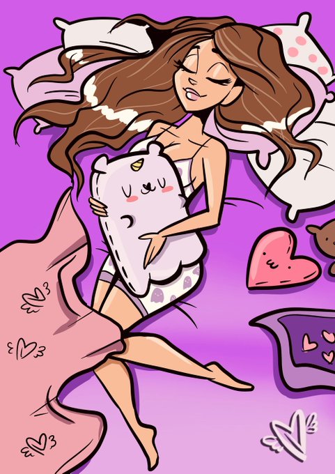 A cartoon girl with long flowing brown hair sleeps peacefully on a purple background, hugging a unicorn pillow, surrounded by pink blankets and floating heart-shaped pillows, perfectly illustrating the sweet dreams and longing for a loved one referenced in the Aerosmith-inspired lullaby lyrics.