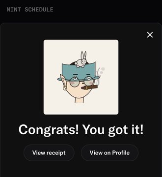 A "MINT SCHEDULE" pop-up notification showing a cartoon illustration of a person with rabbits, with the text "Congrats! You got it!" and buttons for "View receipt" and "View on Profile."