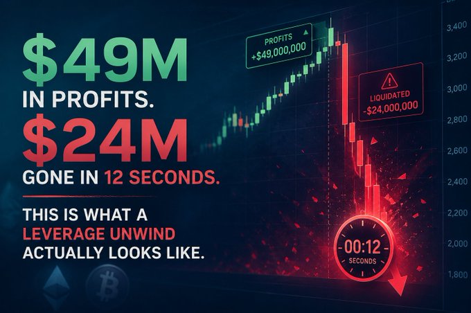 A trading graphic showing '$49M IN PROFITS' followed by '$24M GONE IN 12 SECONDS' with a chart depicting a leverage unwind and a liquidation of -$24,000,000.