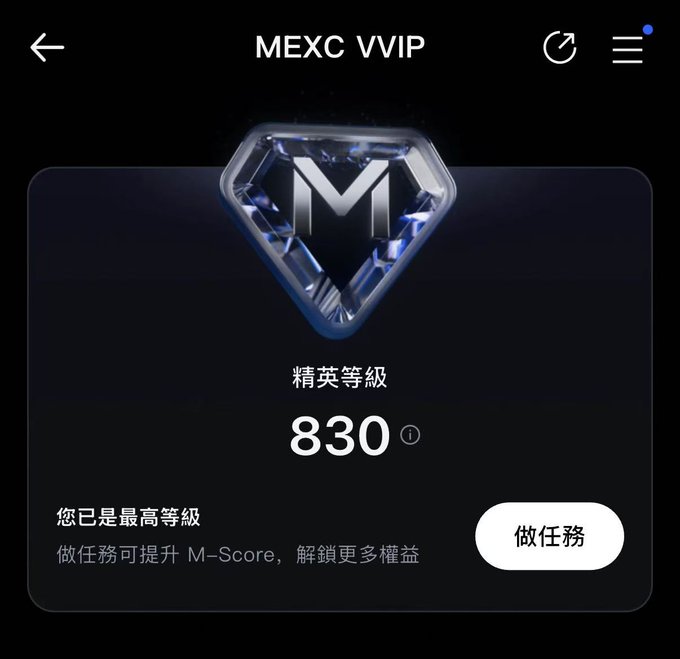 MEXC VVIP membership screen showing an Elite level (精英等級) badge with an M-Score of 830, indicating the user is at the highest tier, with text prompting them to complete tasks (做任務) to unlock more benefits.