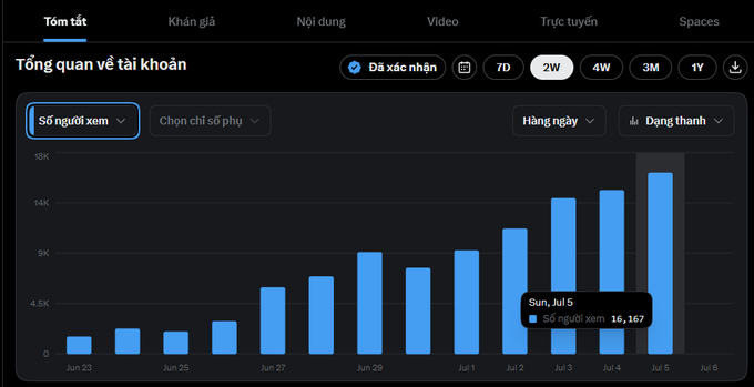 A Twitter/X analytics dashboard in Vietnamese ('Tổng quan về tài khoản') showing view counts over time with a peak of 16,167 views on Sun, Jul 5.