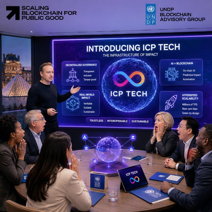 The image shows a group of people sitting at a table with laptops, engaged in a meeting or discussion about the potential use of the ICP Cloud Engine for their businesses. The room has a large screen displaying information related to the cloud engine, which is likely being used as part of the presentation. One person appears to be giving a speech, possibly introducing the concept and benefits of using the cloud engine. The group consists of at least eight people, all focused on the topic at hand.