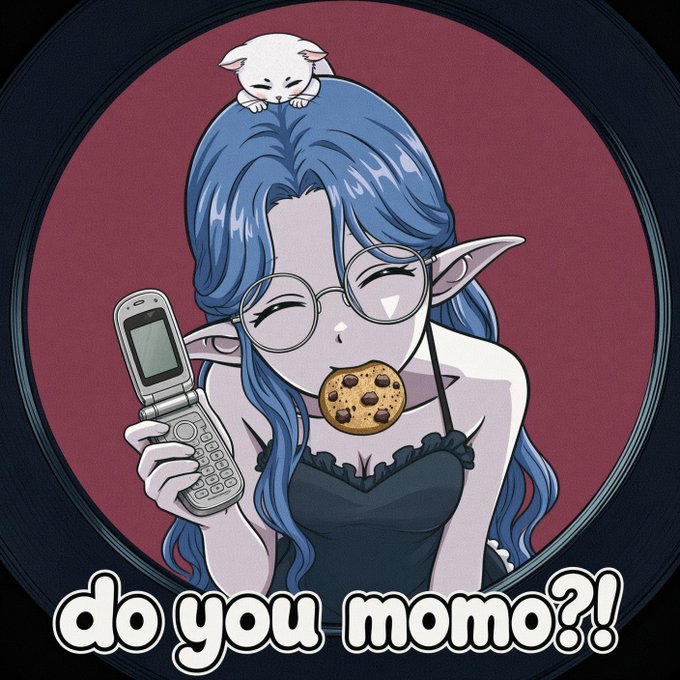 An illustration in a circular frame depicts a smiling elf-eared girl with blue hair, glasses, and a black top, holding a flip phone with a cookie in her mouth and a cat on her head, with the text 'do you momo?!'.