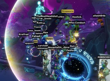 A chaotic cluster of avatars, including Dinopawnz, Hostick, MTss Conduct, Kräftred, Fesside, Zesha, and Dinpy, gathers in a vibrant space-themed Otherside environment with glowing portals and cosmic backdrops, highlighting a lively Wednesday night community event featuring @ClassicsCrypto and @MarsCatsVoyage, with shoutouts to @dinopawnz, @dippylvs, and @0xIamdev for making it happen on ApeChain.