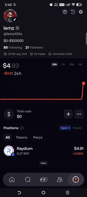 A screenshot of a trading app profile for user 'lemz' (@lemz100x) showing a portfolio value of $4.93, down $0.01 in 24h, with an open position in Raydium (6.27 RAY at $4.91).