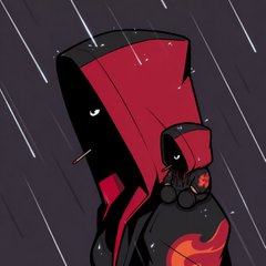 An illustration of a hooded figure in a red hood and dark robe standing in the rain.