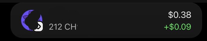 The image shows a crypto wallet or portfolio display for the ticker "CH," showing a holding of 212 CH valued at $0.38, with a gain of +$0.09. This appears to relate to the post expressing skepticism about a project, where a previous testnet airdrop promise resulted in minimal rewards ("crumbs"), and the developer has now returned making new promises despite the prior letdown.