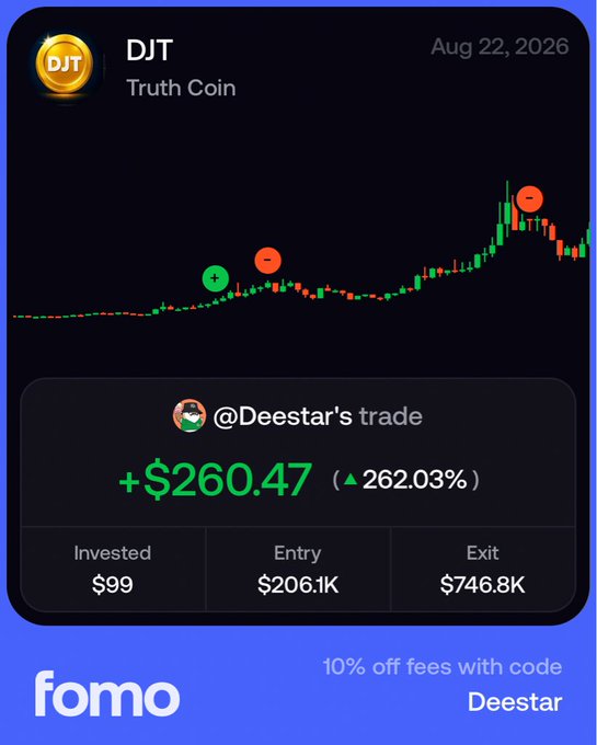 The image shows a trading profit card from "fomo" displaying a successful trade on the DJT (Truth Coin) ticker dated Aug 22, 2026, where user @Deestar earned +$260.47 (262.03% return) on a $99 investment, with entry at $206.1K and exit at $746.8K. The accompanying post contextualizes this as evidence of profiting from scalping a Trump-related token amid rumors of a new Trump token launching on Robinhood, while acknowledging these speculative assets will likely crash to zero.