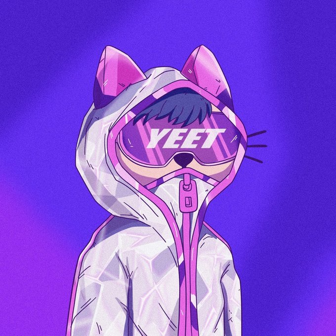 A cat in a hoodie and pink goggles featuring the word "YEET" is illustrated against a purple background, reflecting the hyped, meme-inspired energy of holding $CETS through every dip.