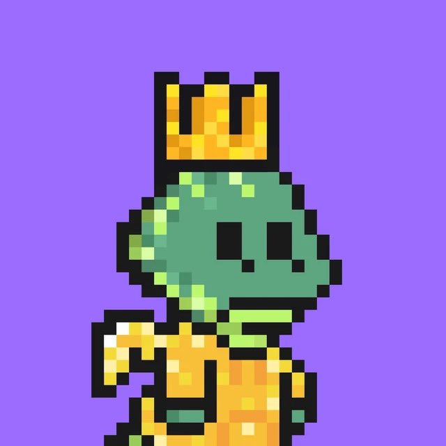 Pixel art illustration of a crowned green character wearing an orange and yellow checkered outfit on a purple background.