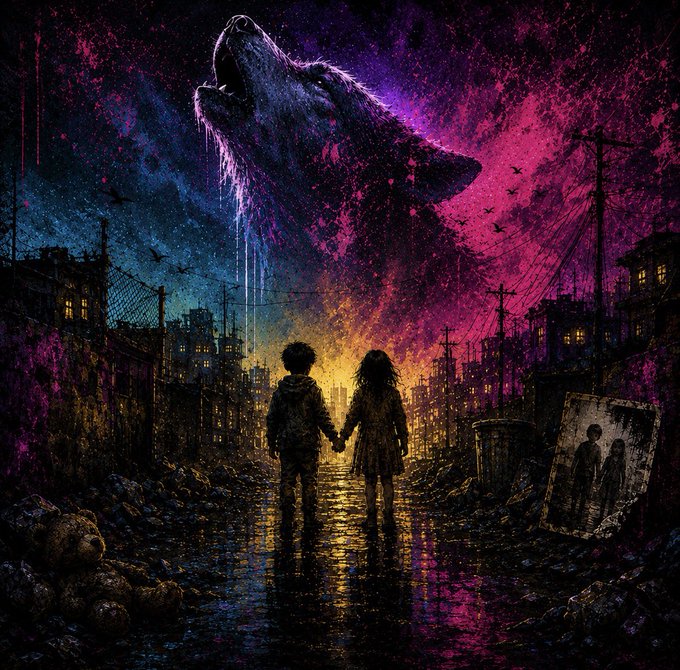 A dark, atmospheric digital illustration depicting two children holding hands in a desolate, ruined city street, with a giant, shadowy monstrous figure looming overhead against a vibrant pink and purple sky.