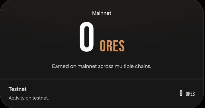 The image displays an ORE points dashboard showing 0 ORES earned on mainnet across multiple chains and 0 ORES activity on testnet. It corresponds to Step 2 of the ORO Airdrop portal instructions, showing where users can view their current ORE points after connecting their wallet.