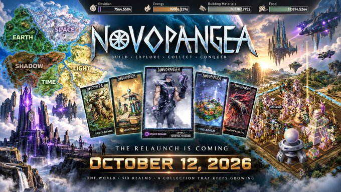 Promotional artwork for the NFT collection 'Novopangea', announcing 'THE RELAUNCH IS COMING OCTOBER 12, 2026' with 'ONE WORLD • SIX REALMS • A COLLECTION THAT KEEPS GROWING', featuring various character realms like Earth, Space, Shadow, Light, and Time.