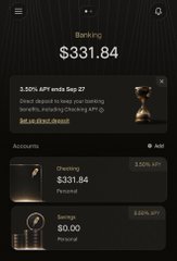 A mobile banking app screenshot showing a 'Banking' balance of $331.84, with Checking ($331.84) and Savings ($0.00) accounts listed, and a promotional text about a 3.50% APY through Sep 27.